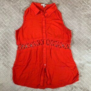 Luca Couture Womens Large Blouse Red Collared Button Up Gauzy Rayon Sleeveless